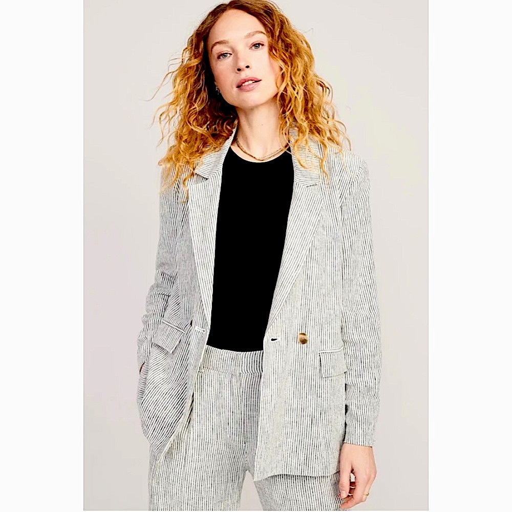 NWOT Old Navy Striped Linen-Blend Double Breasted Blazer Jacket Large